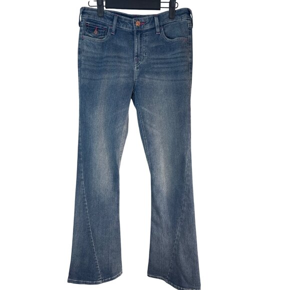 Joey True Religion Size 28 Mid Rise Flare Jeans Blue Denim With Red Stitching - Picture 2 of 13